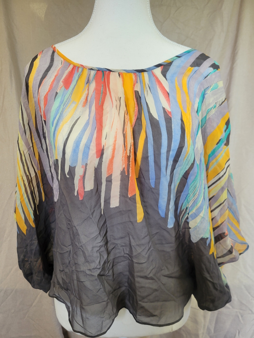 Women's Multicolor Silk Sheer Flutter Sleeve Top - Gray Rainbow Accents Festival